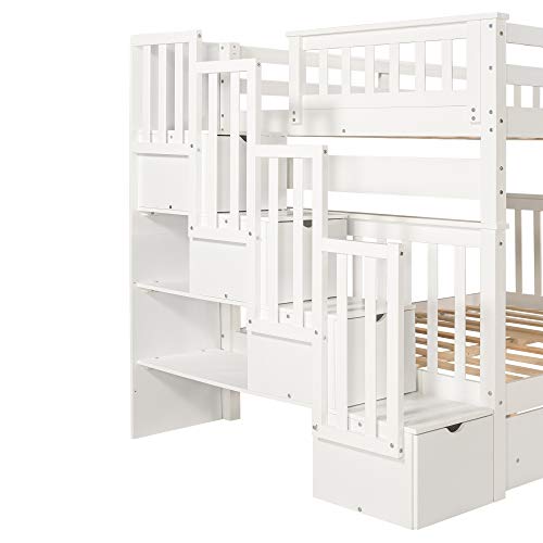 Twin Over Twin/Full Bunk Bed with Trundle and Drawers, Solid Wood Staircase T72769