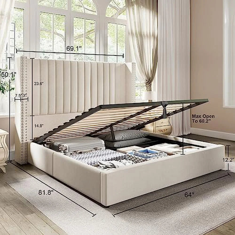 Queen Bed Frame Lift Up Storage Bed, Velvet Upholstered with Wingback Headboard W92086