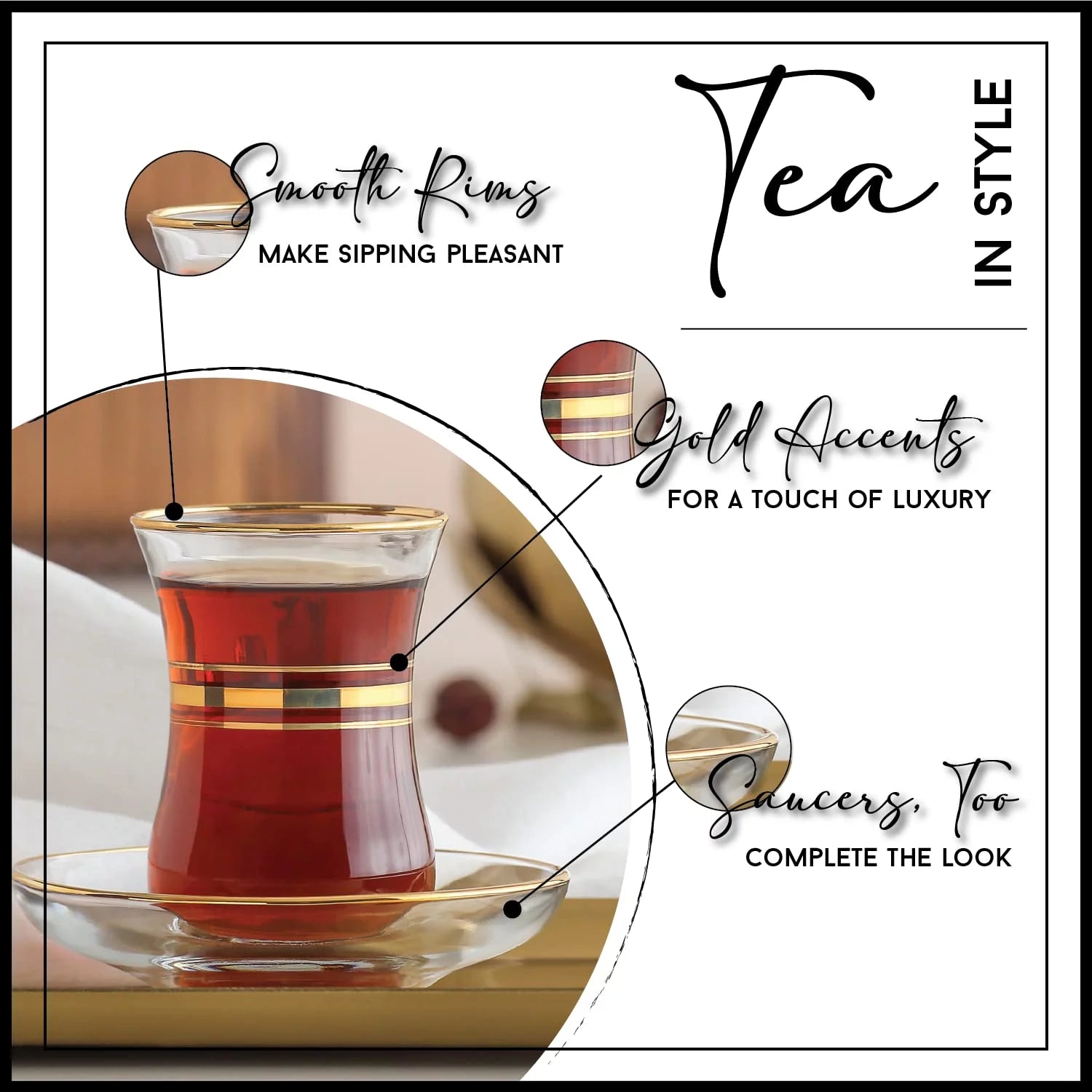 Turkish Tea Glasses & Saucers, 4 Oz, Set of 6 with Gold Accent E62310