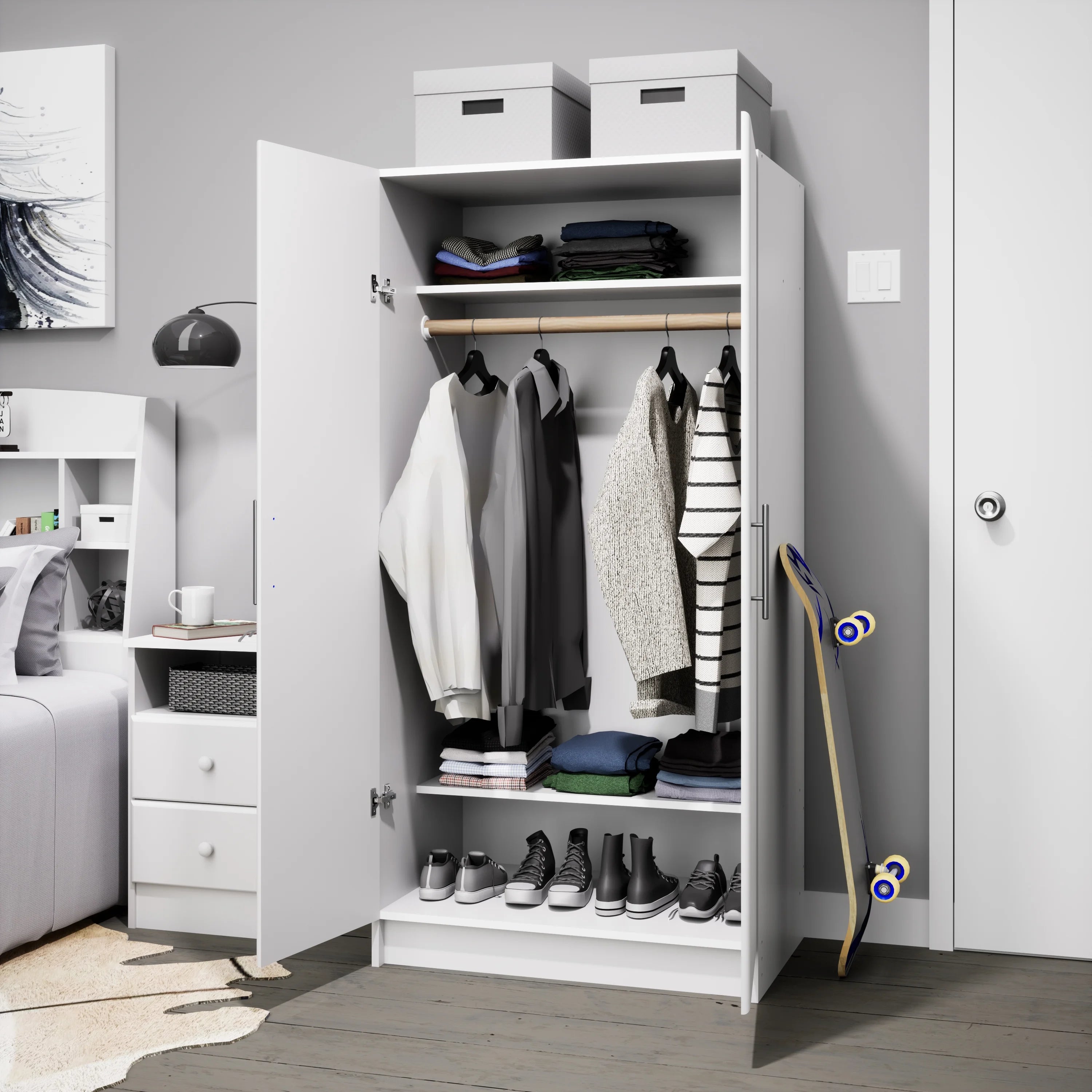 White Wardrobe Closet with Hanging Rail P4745