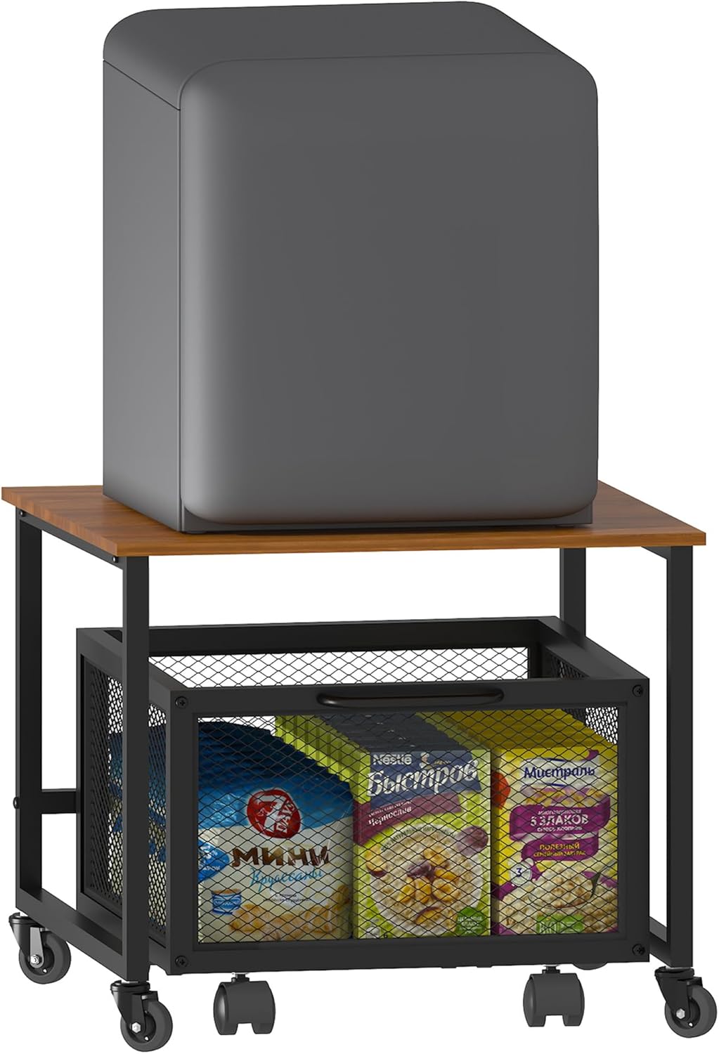 Mini Fridge Stand with Rolling Cart, 2 Lockable Wheels, Metal Basket Drawers H6415