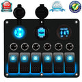 6 Gang Circuit LED Car Marine Boat Rocker Switch Panel Dual USB Waterproof Power Socket Breaker Voltmeter Overload Protection -Blue