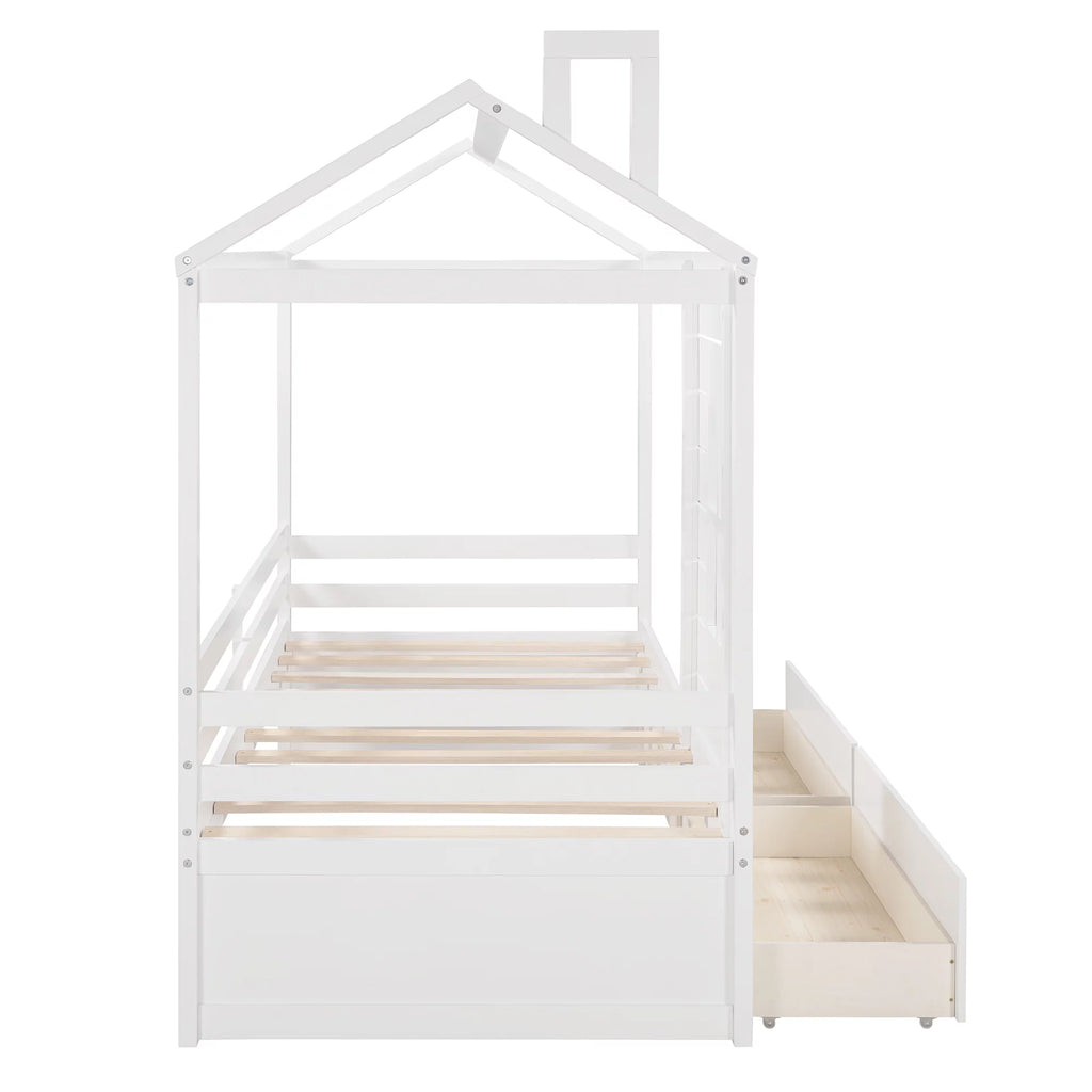 Twin Size House Bed with Drawers and Guard Rails O549