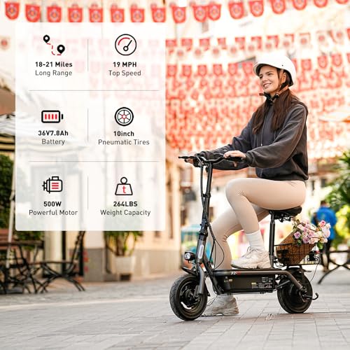 Electric Scooter with Seat, Long Range, Adjustable Handlebar, Dual Suspension V27936