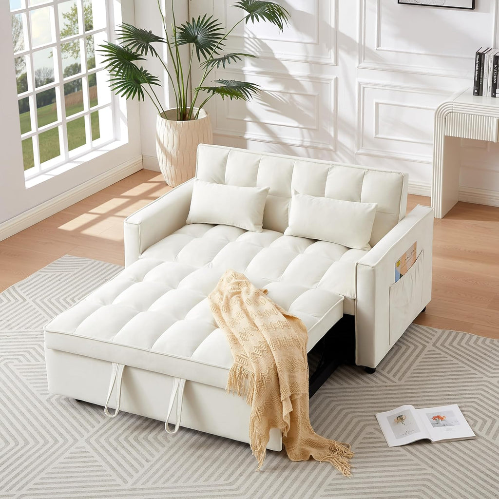 Convertible Loveseat Sleeper Sofa with Adjustable Backrest and Pull-Out Bed, Ivory G5626