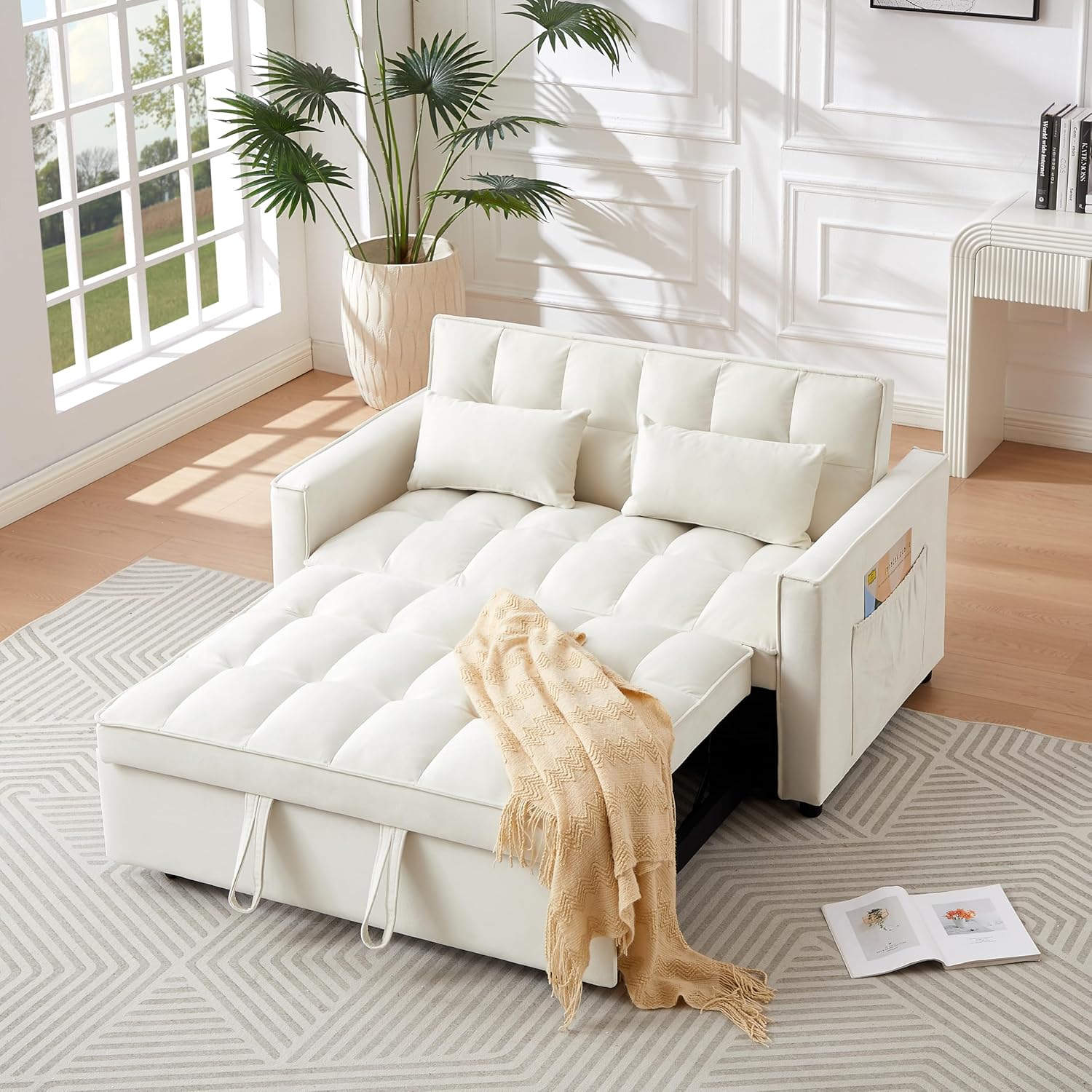 Convertible Loveseat Sleeper Sofa with Adjustable Backrest and Pull-Out Bed, Ivory G5626