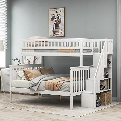 Twin Over Twin/Full Bunk Bed with Trundle and Drawers, Solid Wood Staircase T72769