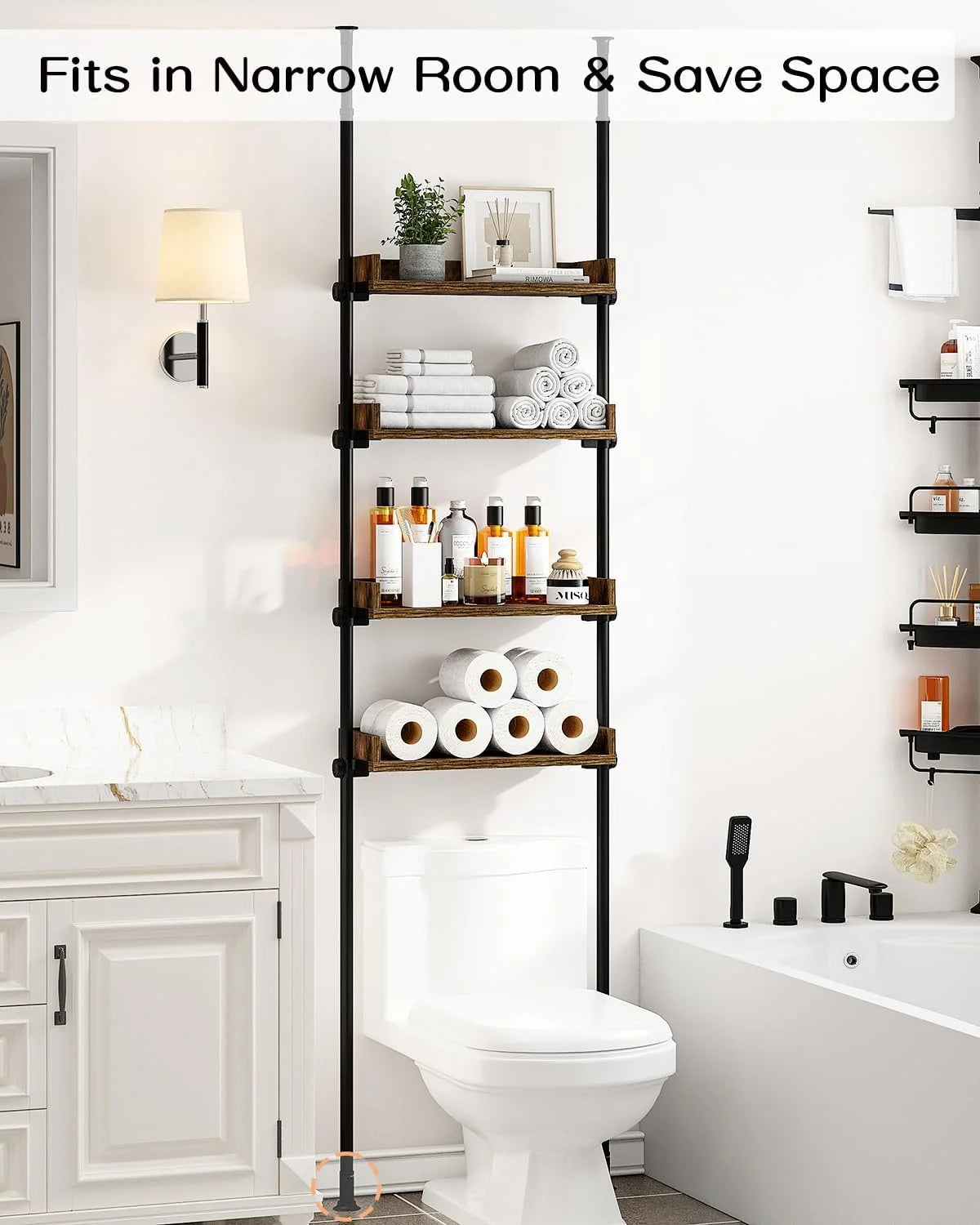 Bathroom Organizer, Over The Toilet Storage, 4-Tier Adjustable Wood Shelves C792