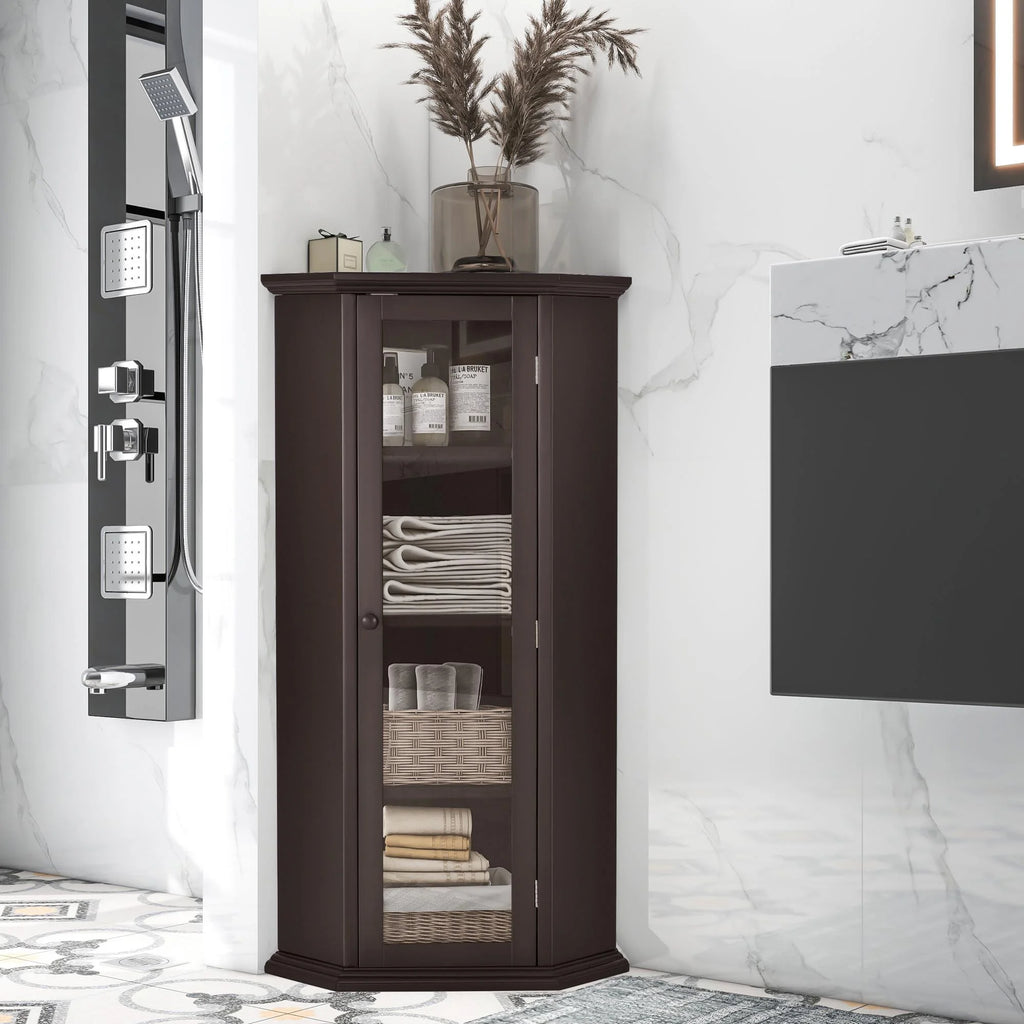 Freestanding Bathroom Cabinet with Glass Door, Corner Storage W61167