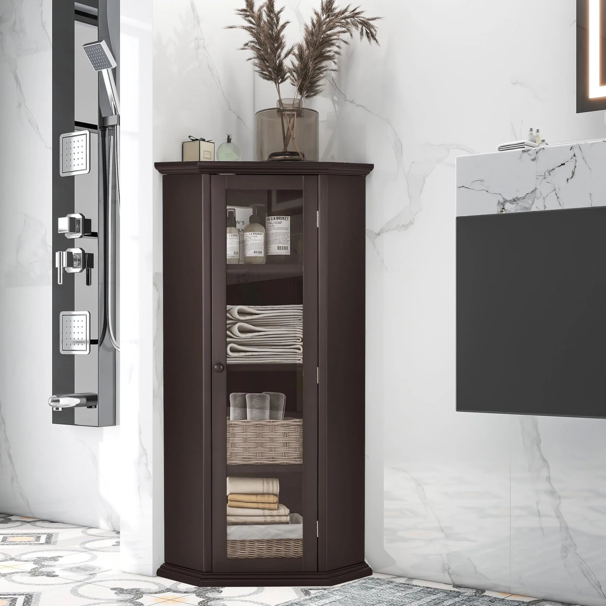 Freestanding Bathroom Cabinet with Glass Door, Corner Storage W61167