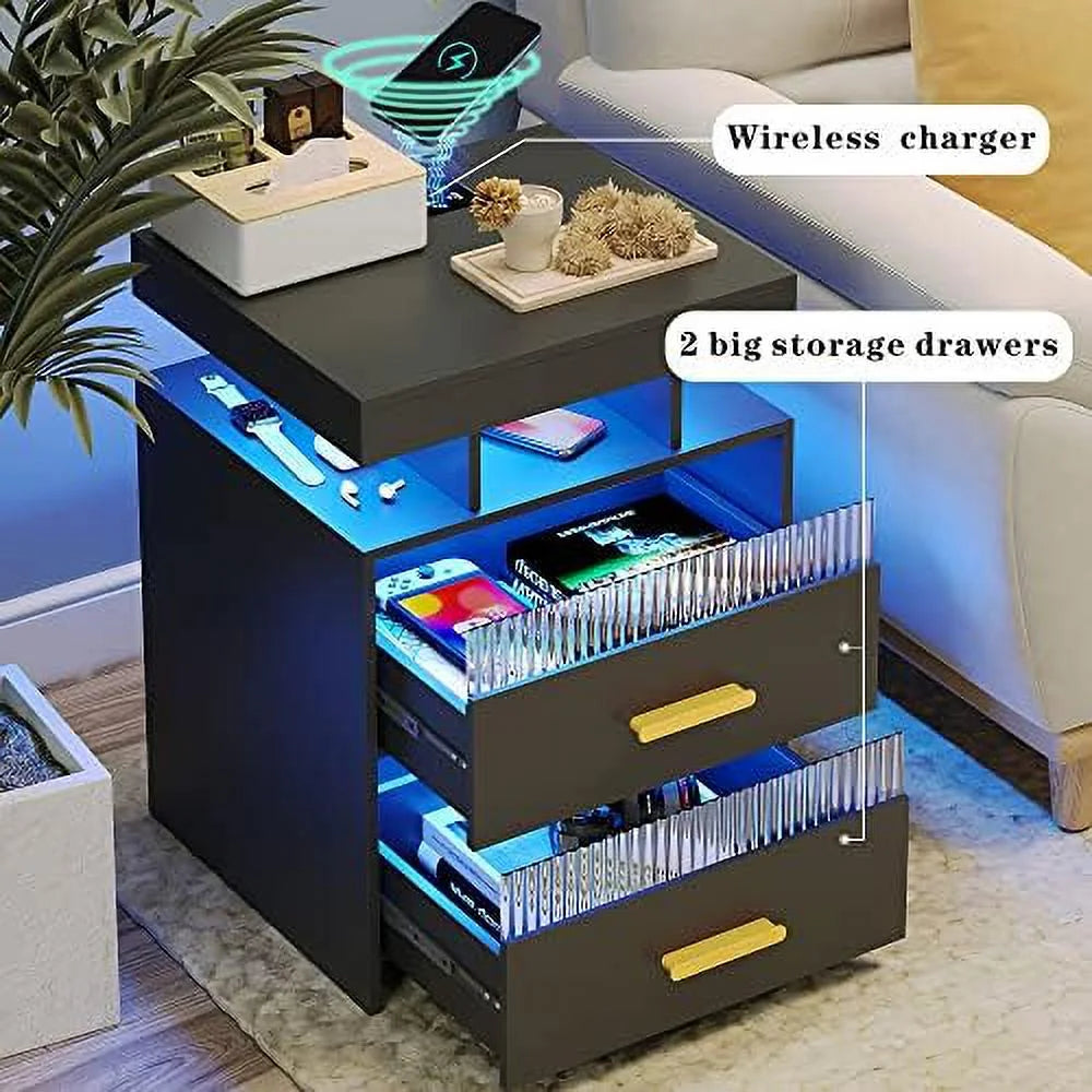 Nightstands Set of 2 with Charging Station and LED Lights I82647