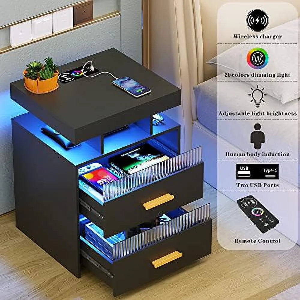 Nightstands Set of 2 with Charging Station and LED Lights I82647