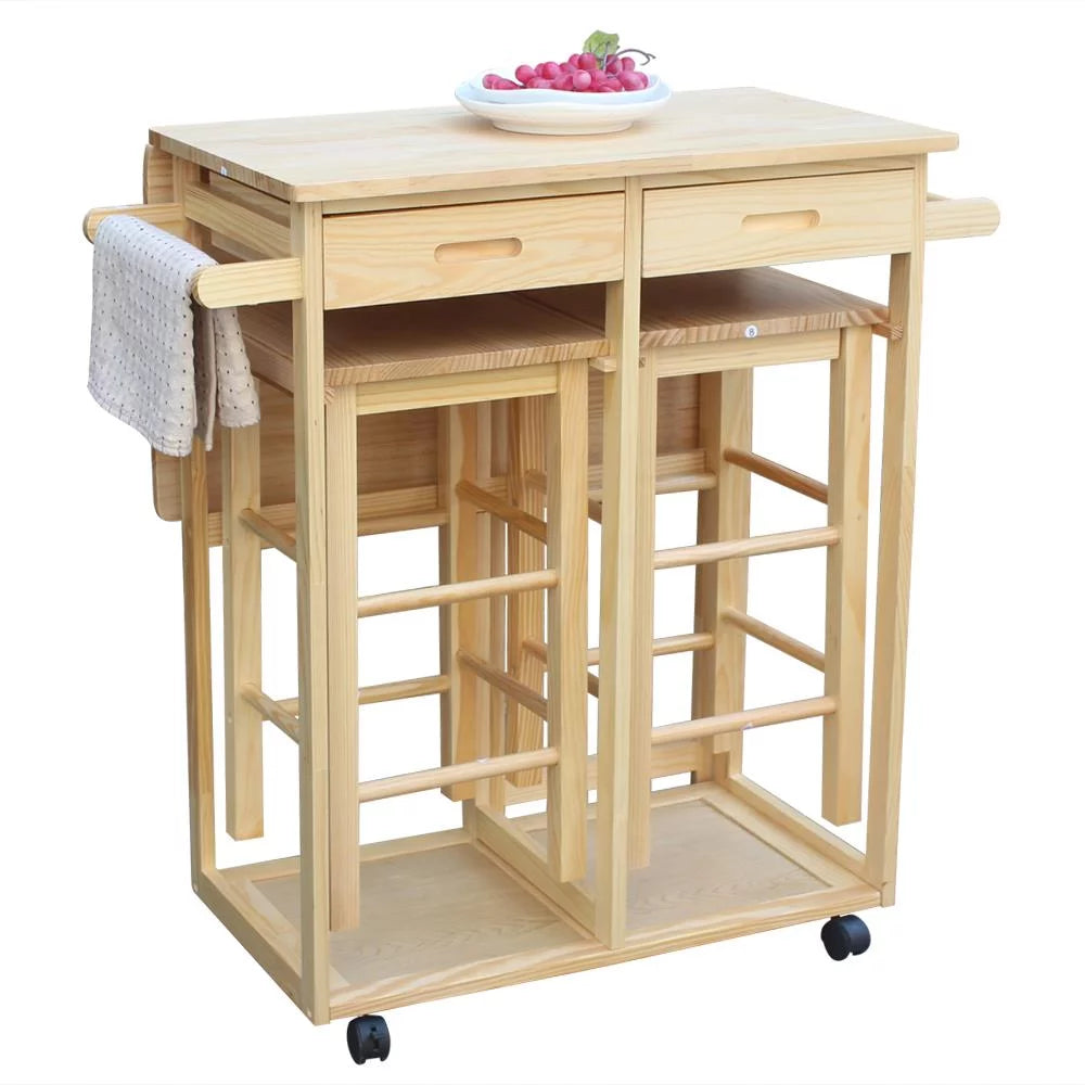 Kitchen Island Rolling Trolley Cart with Stools E6755