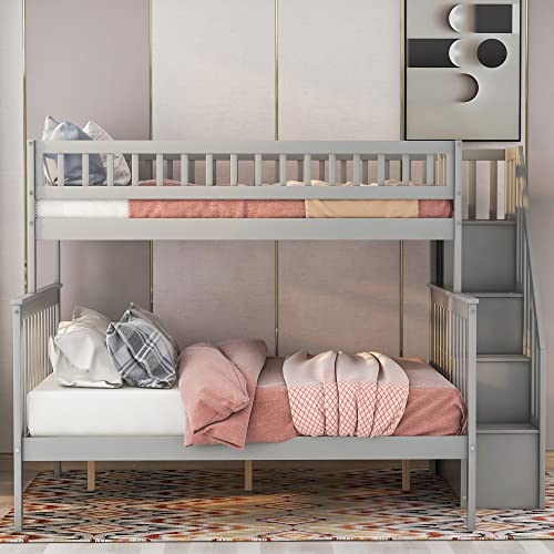 Twin Over Twin/Full Bunk Bed with Trundle and Drawers, Solid Wood Staircase T72769