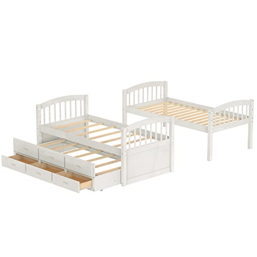 Twin Over Twin Bunk Bed with Storage Drawers and Trundle, Solid Wood Frame G366