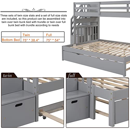 Twin Over Twin/Full Bunk Bed with Trundle and Drawers, Solid Wood Staircase T72769