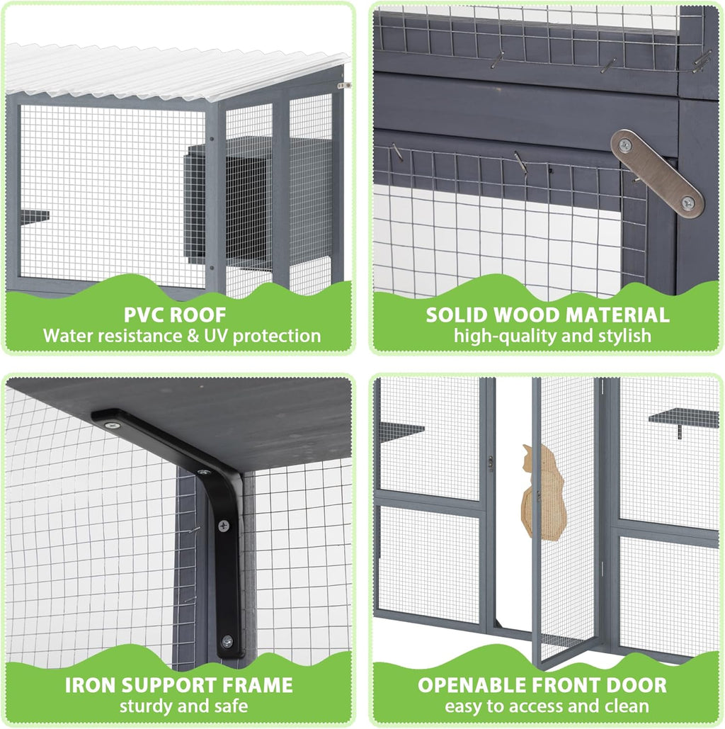 Outdoor Cat Enclosure with Weather Protection Roof, Grey M614