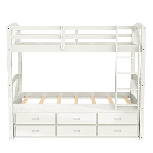 Twin Over Twin Bunk Bed with Storage Drawers and Trundle, Solid Wood Frame G366