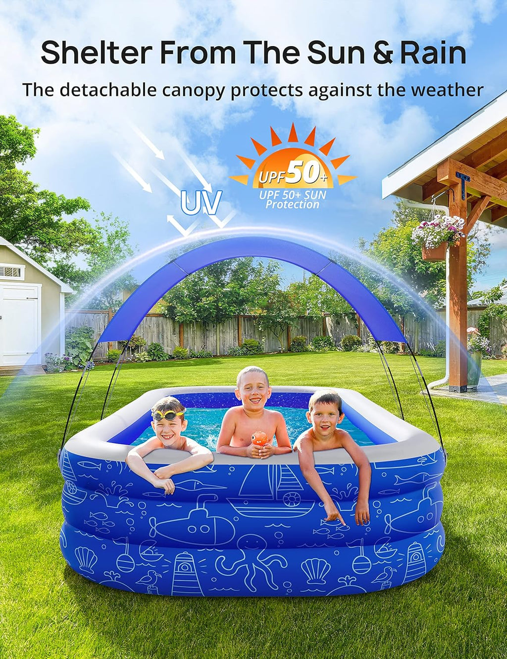 Inflatable Pool with Canopy for Kids and Adults, Outdoor Backyard Swimming Pool H883605