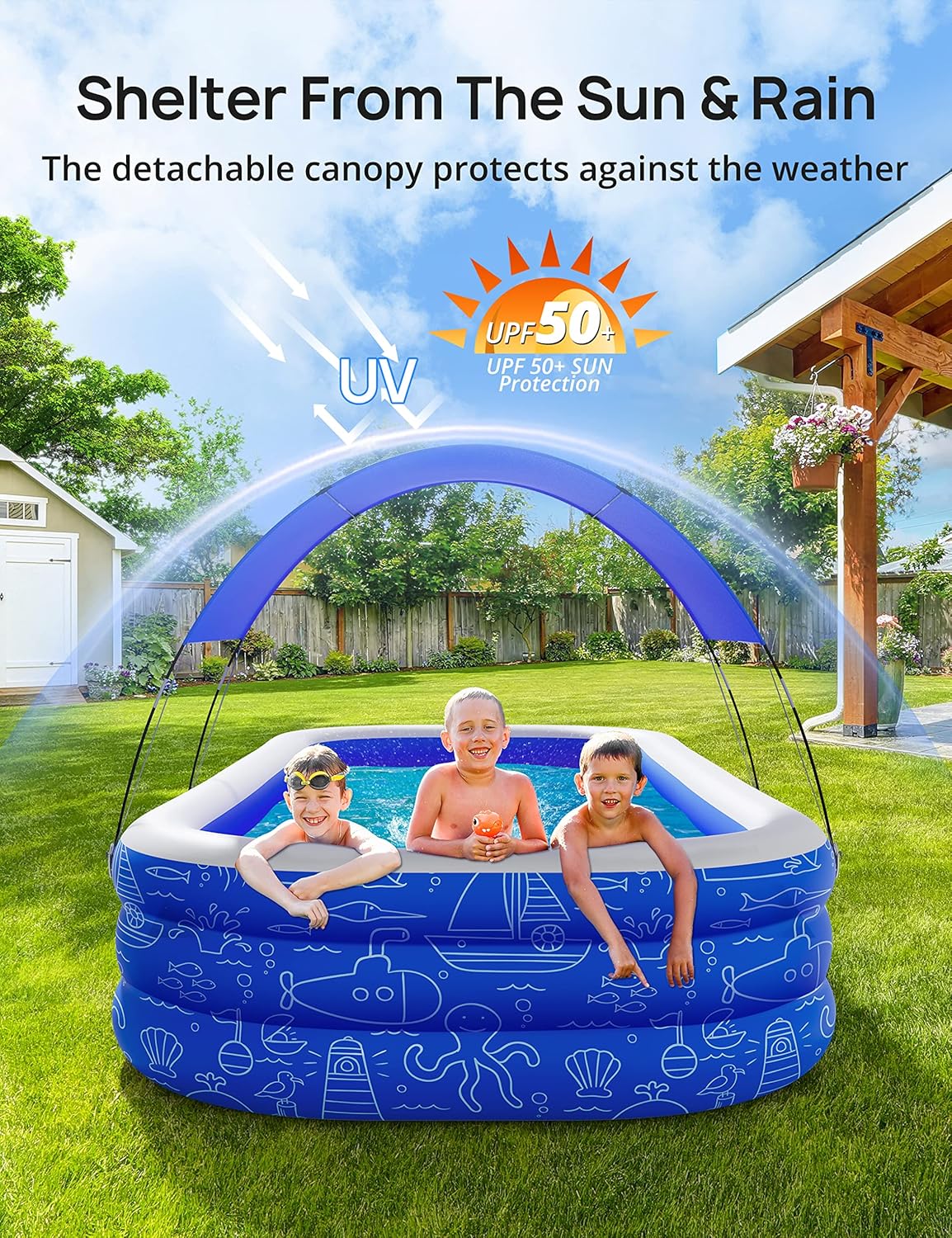 Inflatable Pool with Canopy for Kids and Adults, Outdoor Backyard Swimming Pool H883605