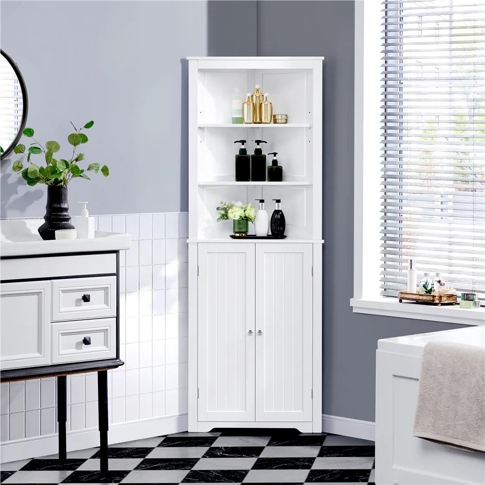 Wooden Corner Cabinet with Open Shelf for Bathroom, White X13559