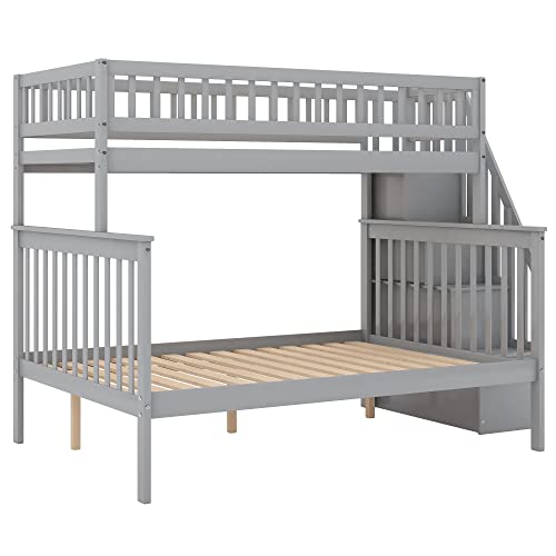 Twin Over Twin/Full Bunk Bed with Trundle and Drawers, Solid Wood Staircase T72769
