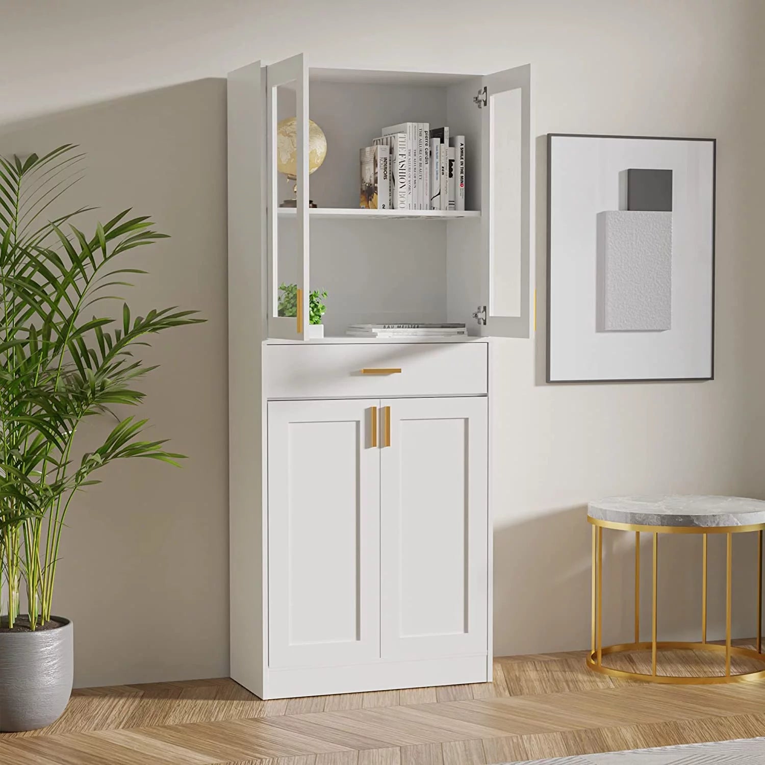 White Display Cabinet with Acrylic Glass Doors and Drawer U2968