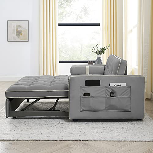 Tufted Velvet Convertible Loveseat Sofa Bed with Pull-Out Bed, Grey R330