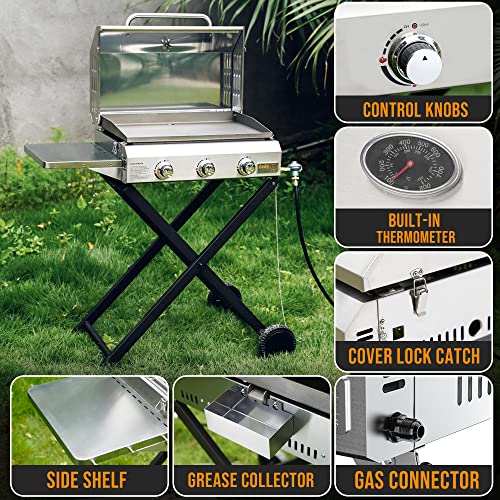 Portable Propane Gas Griddle 3-Burner with Foldable Cart and Side Table P920723