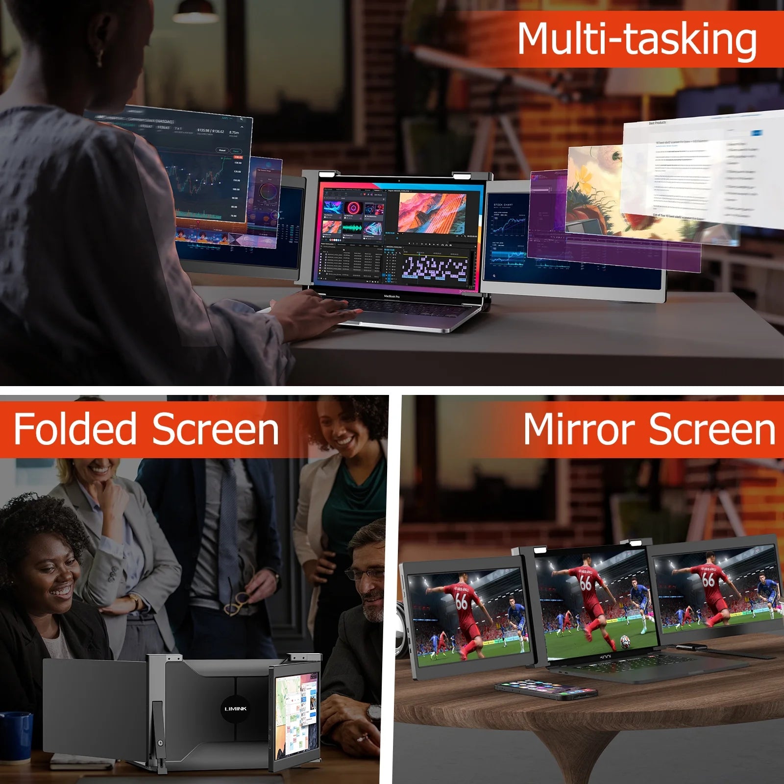 Portable Triple Monitor for 15-17 inch Laptop, 1080P IPS, Plug & Play, USB/HDMI, Black A4747