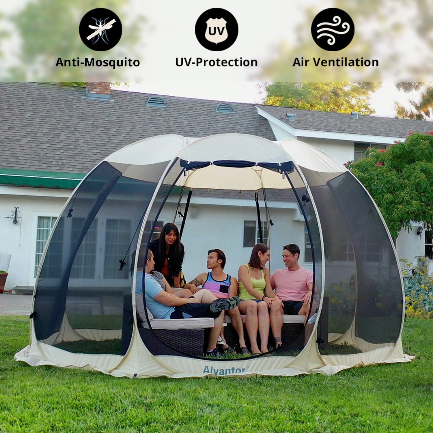 Pop Up Camping Screen House Tent with Mesh Walls, 6x6 ft Beige A5591