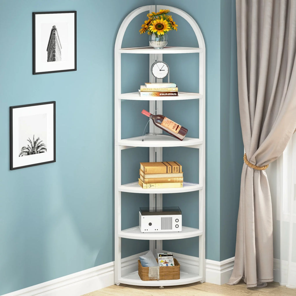 Corner Shelf Bookshelf Plant Stand, Rustic Brown Wood Finish U64415