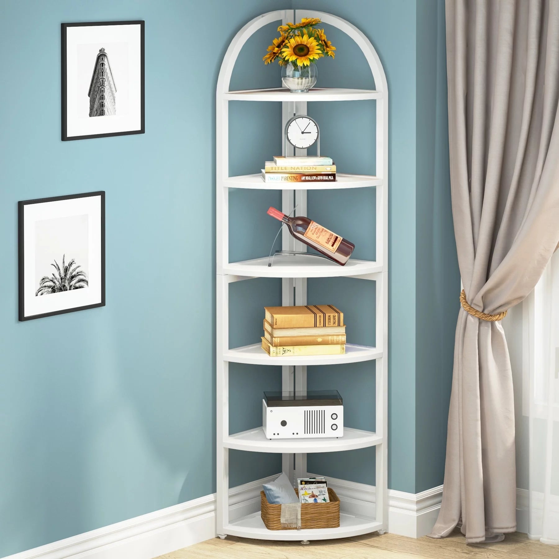 Corner Shelf Bookshelf Plant Stand, Rustic Brown Wood Finish U64415