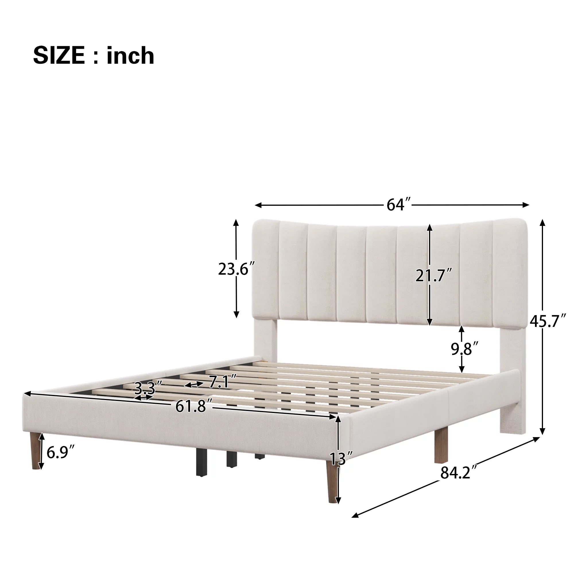 Upholstered Queen Platform Bed with Tufted Headboard, Solid Wood Legs, No Box Spring Needed A948666
