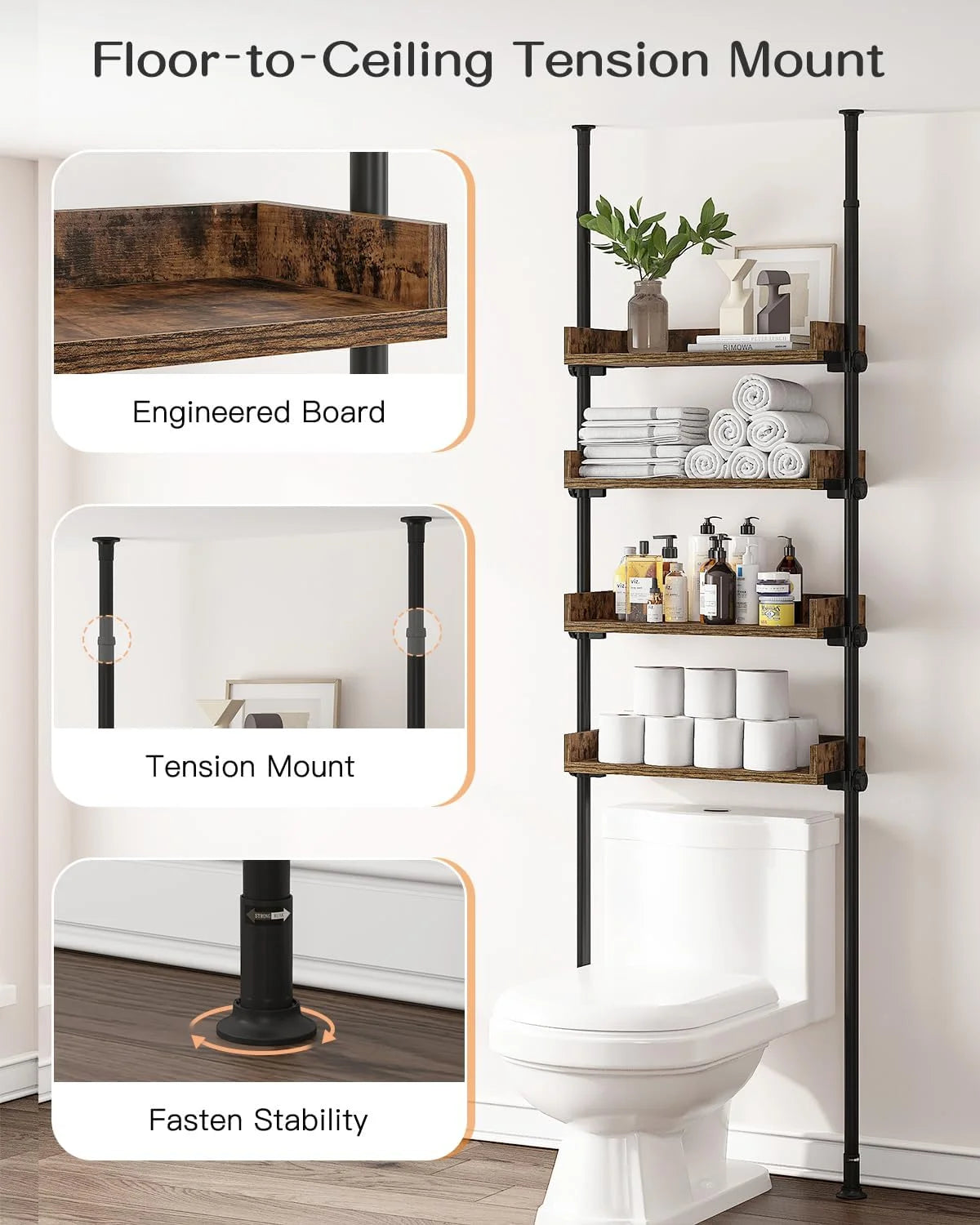Bathroom Organizer, Over The Toilet Storage, 4-Tier Adjustable Wood Shelves C792