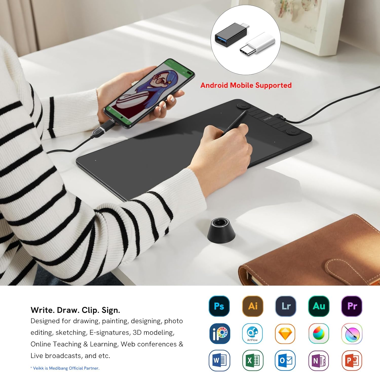 10 x 6 Inch Graphics Drawing Tablet with 8 Shortcut Keys, 8192 Levels Tilt Support M70694