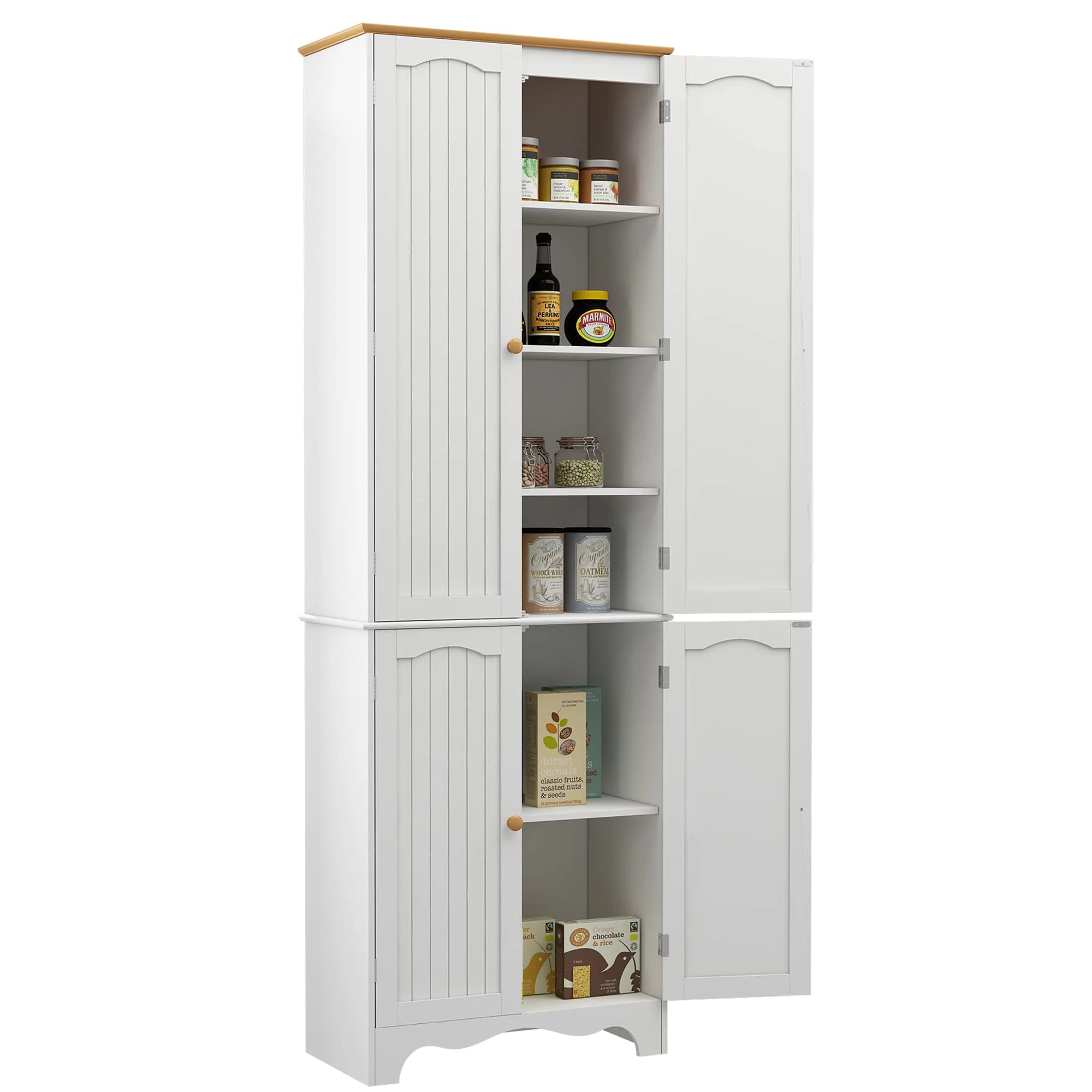 72" Tall Kitchen Pantry Cabinet with 4 Doors and 2 Adjustable Shelves, White and Honey O120266