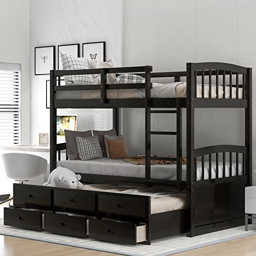 Twin Over Twin Bunk Bed with Storage Drawers and Trundle, Solid Wood Frame G366