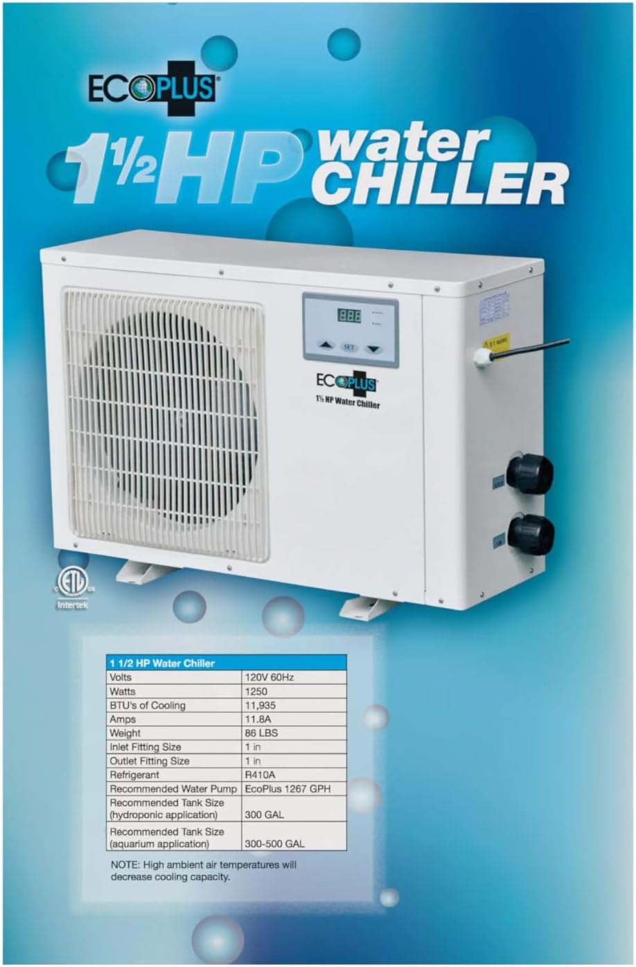 1 ½ HP Water Chiller for Hydroponics, Aquariums, and Reservoirs P391
