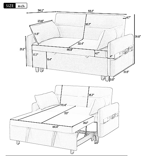 3 in 1 Convertible Sleeper Sofa Bed, Velvet Loveseat Futon with Pullout Bed, Gray N126326