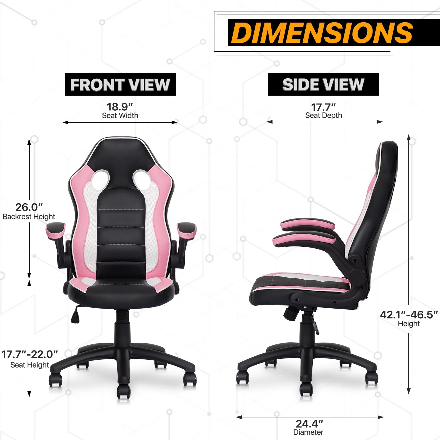 PU Leather Gaming Chair with Flip-Up Arms, Black/Pink D543