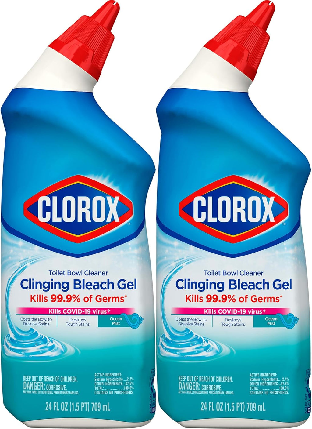 Toilet Bowl Cleaner, Clinging Bleach Gel, Ocean Mist, 24 oz, Pack of 2 V8777