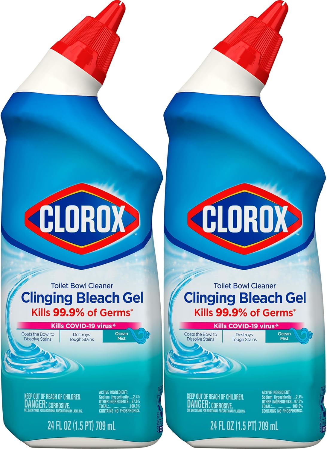 Toilet Bowl Cleaner, Clinging Bleach Gel, Ocean Mist, 24 oz, Pack of 2 V8777