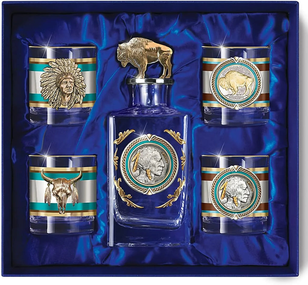 Western Buffalo Nickel Decanter and Glass Set, 5 Pieces with Gold Rims B344