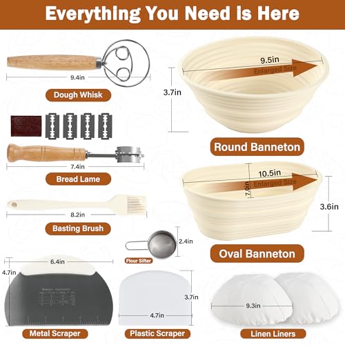 Sourdough Bread Proofing Basket Set with Linen Liner, 9.5 Inch Round & 10.5 Inch Oval M685