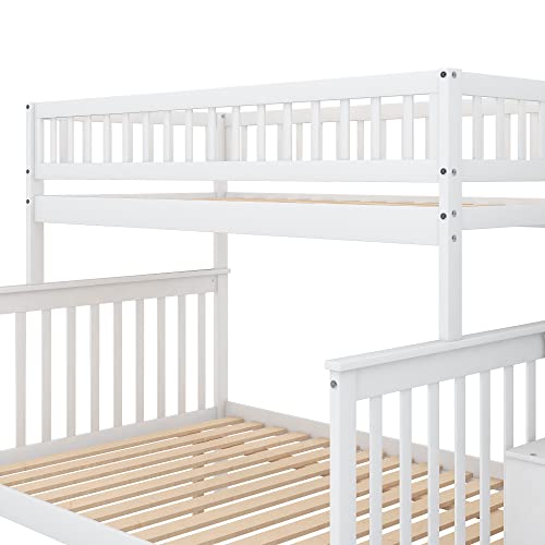 Twin Over Twin/Full Bunk Bed with Trundle and Drawers, Solid Wood Staircase T72769