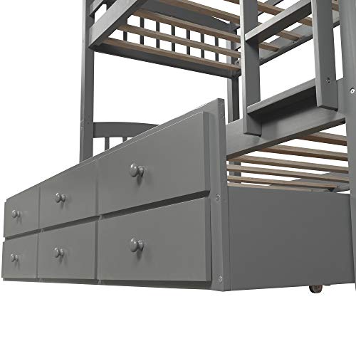 Twin Over Twin Bunk Bed with Storage Drawers and Trundle, Solid Wood Frame G366