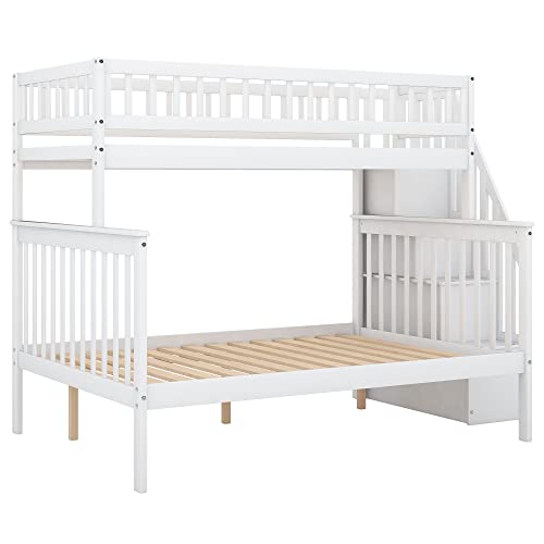 Twin Over Twin/Full Bunk Bed with Trundle and Drawers, Solid Wood Staircase T72769
