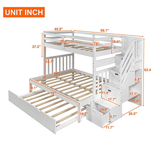 Twin Over Twin/Full Bunk Bed with Trundle and Drawers, Solid Wood Staircase T72769