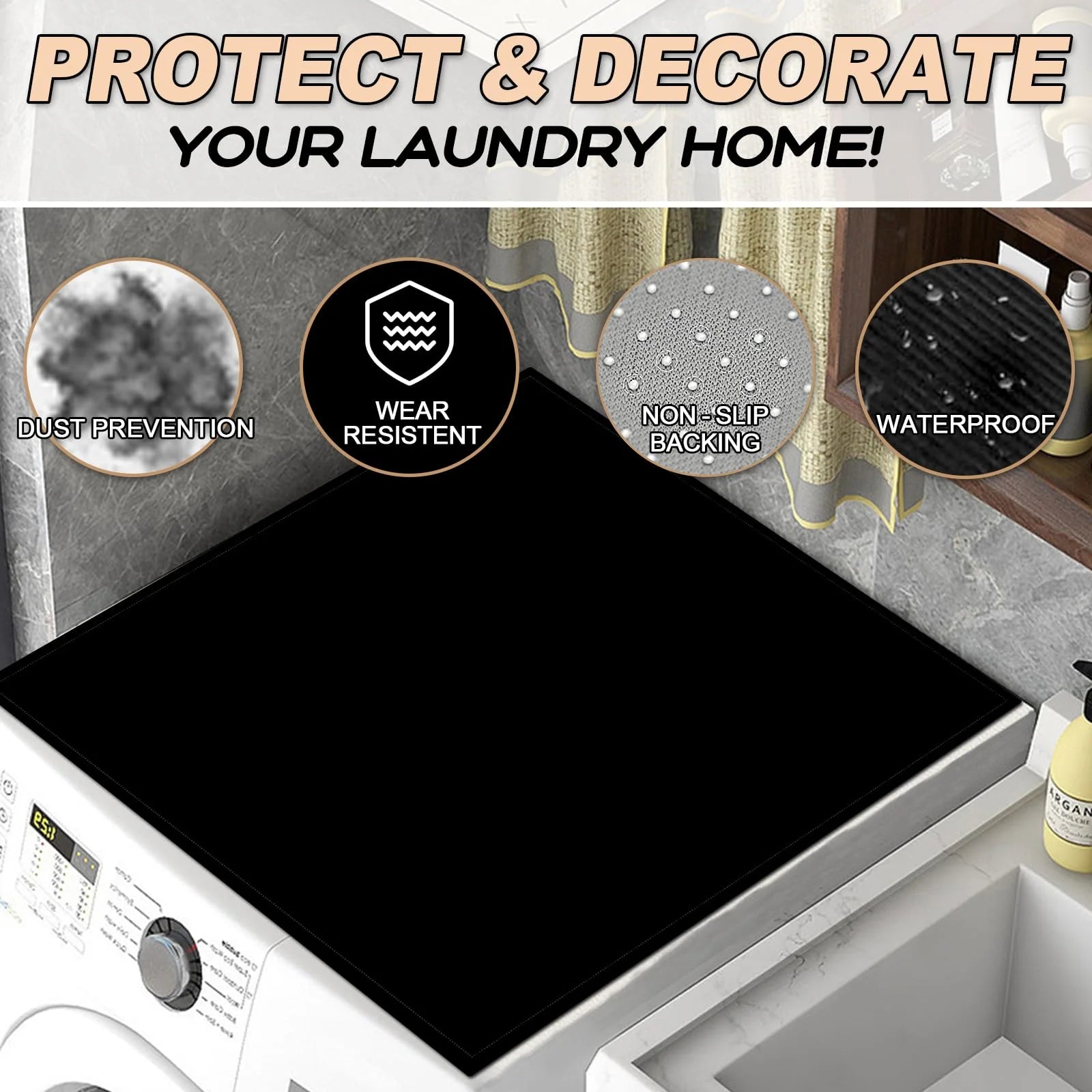 Anti-Slip Washer and Dryer Top Mat, 27" x 31.5" Black, Dust-Proof Protector M860